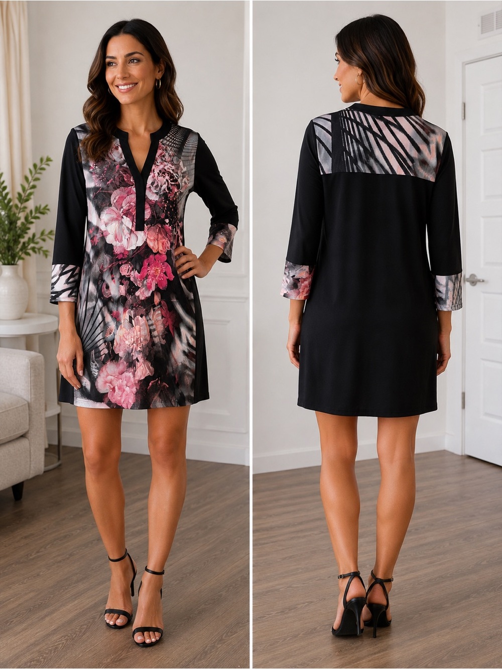 Simon Chang The Collection Floral Tunic Dress Black Pink XS